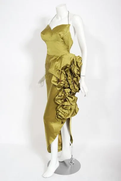 1940s Chartreuse Silk Halter Asymmetric Ruched Hourglass High-Slit Dress