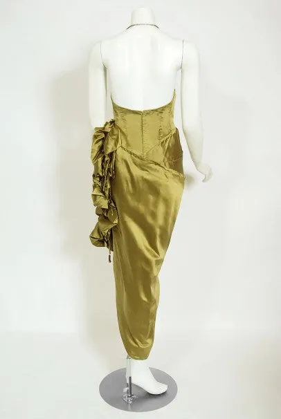 1940s Chartreuse Silk Halter Asymmetric Ruched Hourglass High-Slit Dress