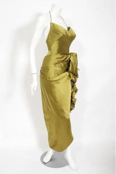 1940s Chartreuse Silk Halter Asymmetric Ruched Hourglass High-Slit Dress