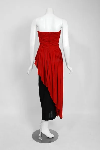 1975 Sheilagh Brown for Quorum Documented Black & Red Jersey Strapless Dress