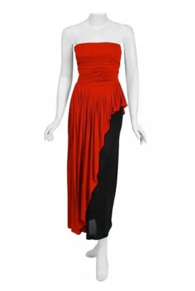 1975 Sheilagh Brown for Quorum Documented Black & Red Jersey Strapless Dress