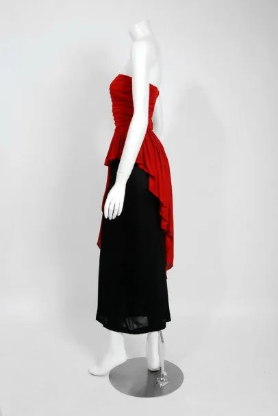 1975 Sheilagh Brown for Quorum Documented Black & Red Jersey Strapless Dress