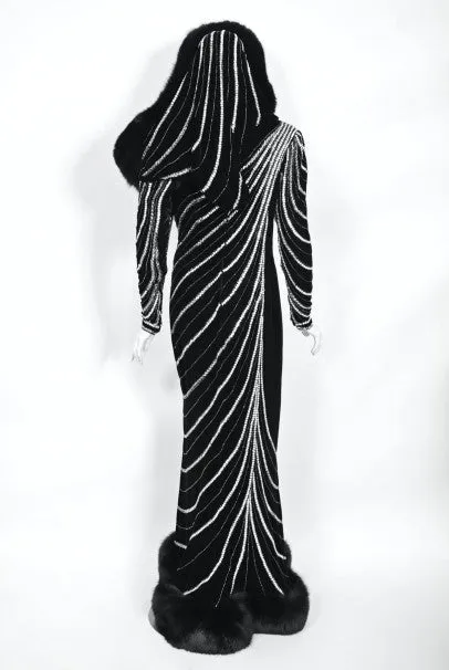 1989 Bob Mackie Couture Beaded Velvet and Fox-Fur Hooded Hourglass Gown