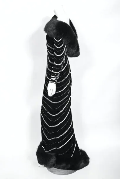 1989 Bob Mackie Couture Beaded Velvet and Fox-Fur Hooded Hourglass Gown