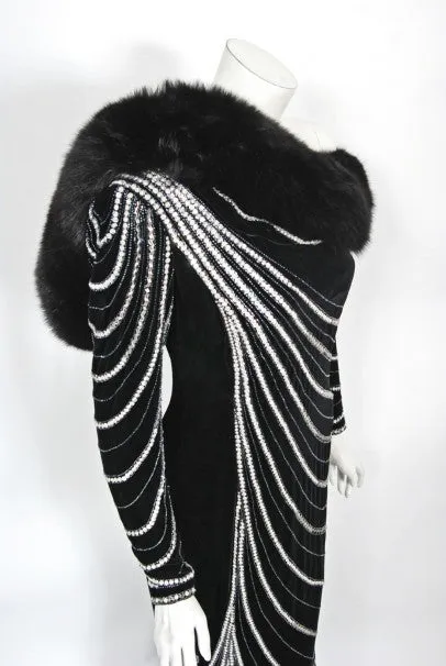 1989 Bob Mackie Couture Beaded Velvet and Fox-Fur Hooded Hourglass Gown