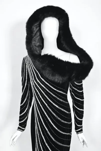 1989 Bob Mackie Couture Beaded Velvet and Fox-Fur Hooded Hourglass Gown