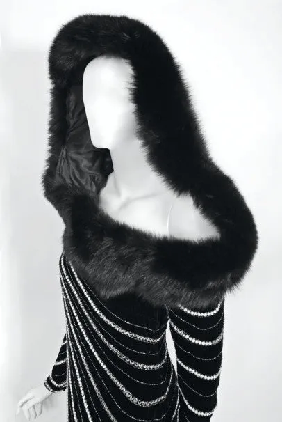 1989 Bob Mackie Couture Beaded Velvet and Fox-Fur Hooded Hourglass Gown