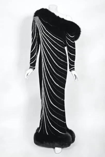 1989 Bob Mackie Couture Beaded Velvet and Fox-Fur Hooded Hourglass Gown