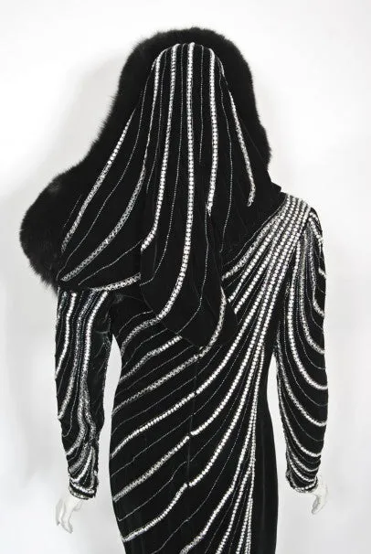 1989 Bob Mackie Couture Beaded Velvet and Fox-Fur Hooded Hourglass Gown