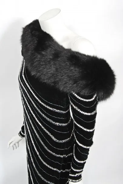 1989 Bob Mackie Couture Beaded Velvet and Fox-Fur Hooded Hourglass Gown