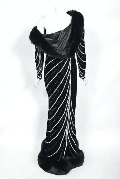 1989 Bob Mackie Couture Beaded Velvet and Fox-Fur Hooded Hourglass Gown