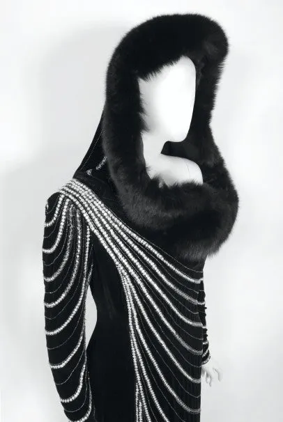 1989 Bob Mackie Couture Beaded Velvet and Fox-Fur Hooded Hourglass Gown