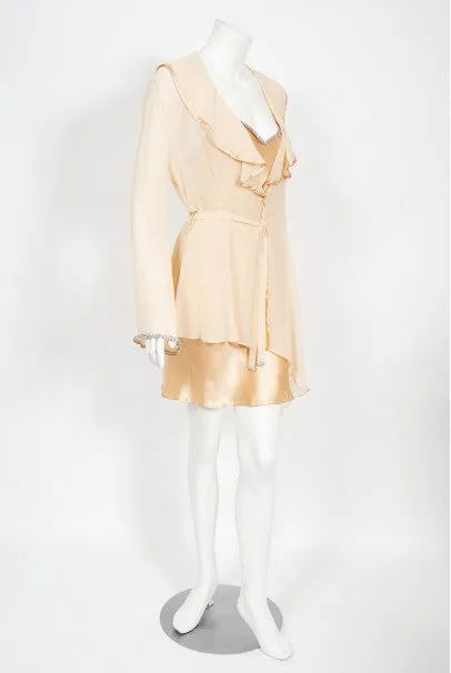 1995 Dolce & Gabbana Rhinestone Peach Silk Bias-Cut Slip Dress w/ Jacket