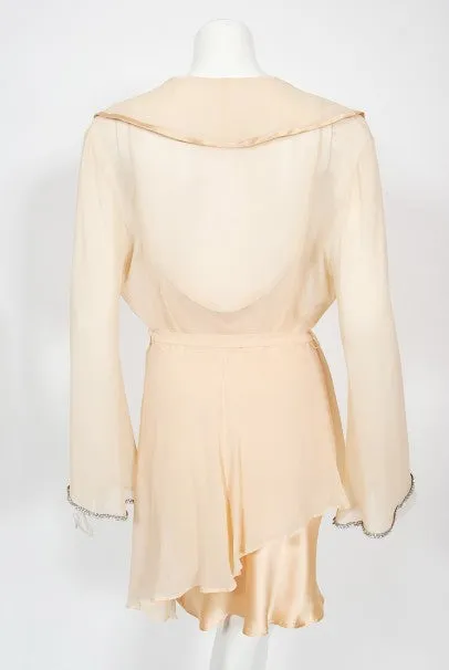 1995 Dolce & Gabbana Rhinestone Peach Silk Bias-Cut Slip Dress w/ Jacket