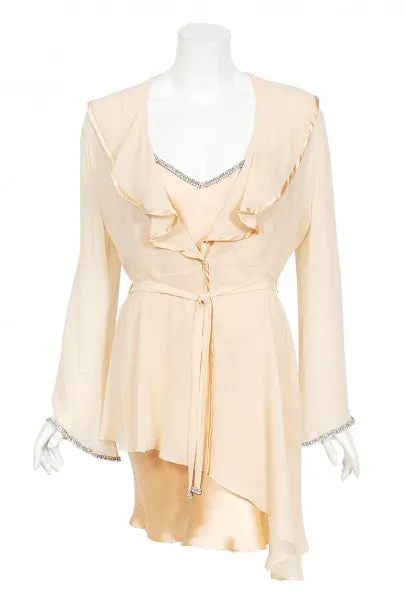 1995 Dolce & Gabbana Rhinestone Peach Silk Bias-Cut Slip Dress w/ Jacket