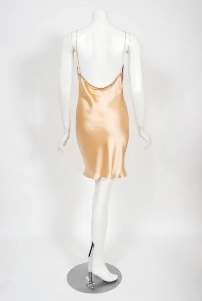 1995 Dolce & Gabbana Rhinestone Peach Silk Bias-Cut Slip Dress w/ Jacket