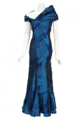 1999 Christian Dior by Galliano Sapphire Blue Eyelash Silk Bias-Cut Gown