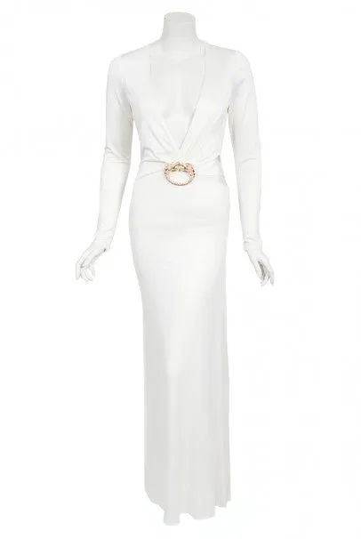 2004 Gucci by Tom Ford Rare White Silk-Jersey Plunge Cut Out Finale Gown