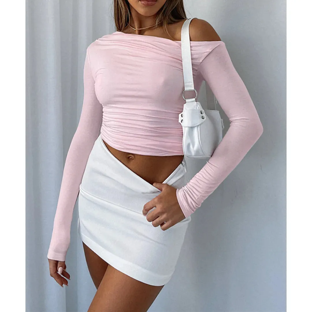 2024 Spring Sexy Off Shoulder T Shirt Women Long Sleeve Top T Shirts Autumn Fashion Style Slim Ruched Tee Shirt