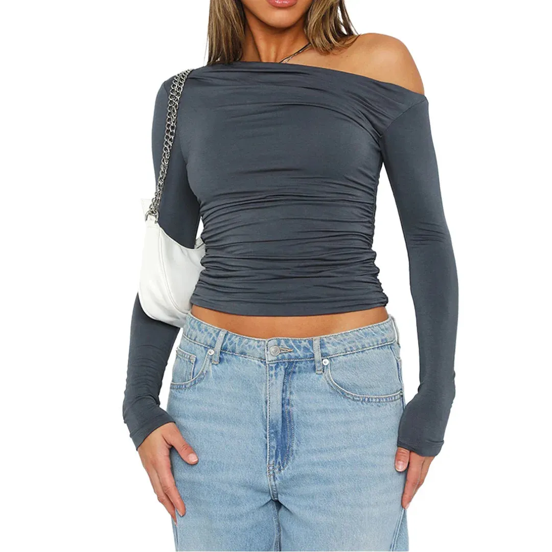 2024 Spring Sexy Off Shoulder T Shirt Women Long Sleeve Top T Shirts Autumn Fashion Style Slim Ruched Tee Shirt