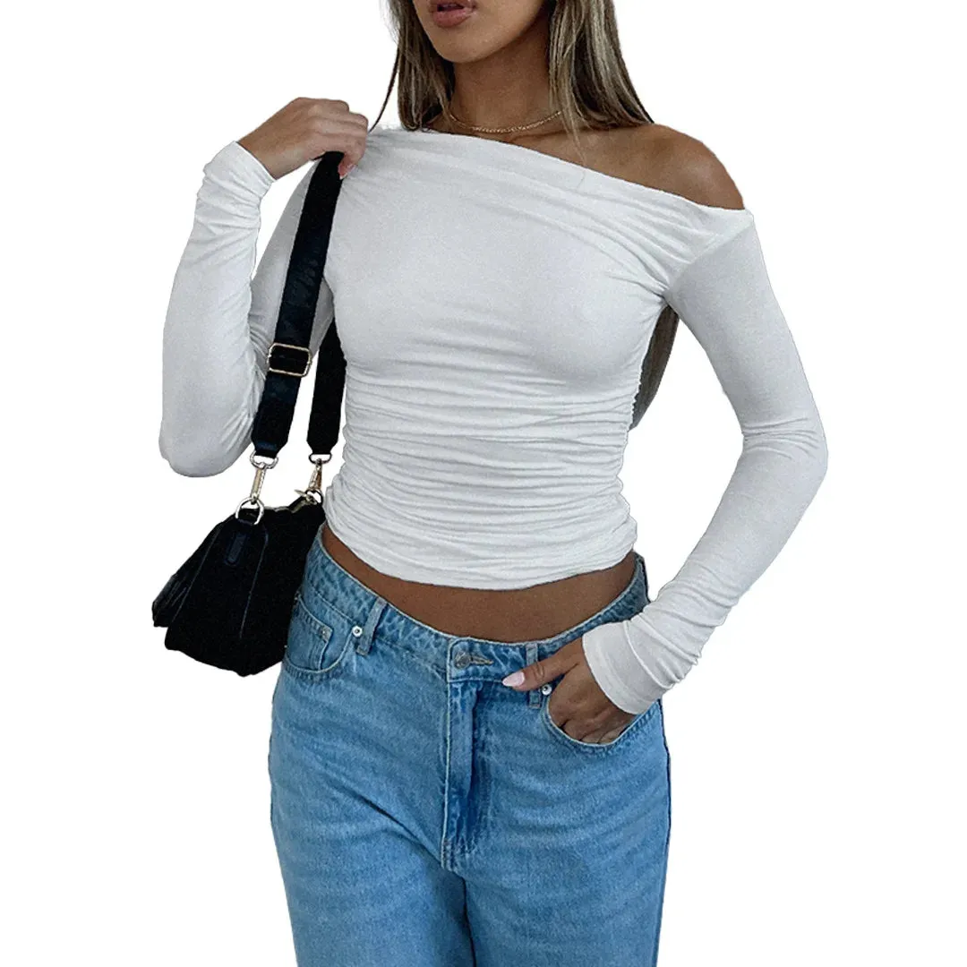 2024 Spring Sexy Off Shoulder T Shirt Women Long Sleeve Top T Shirts Autumn Fashion Style Slim Ruched Tee Shirt