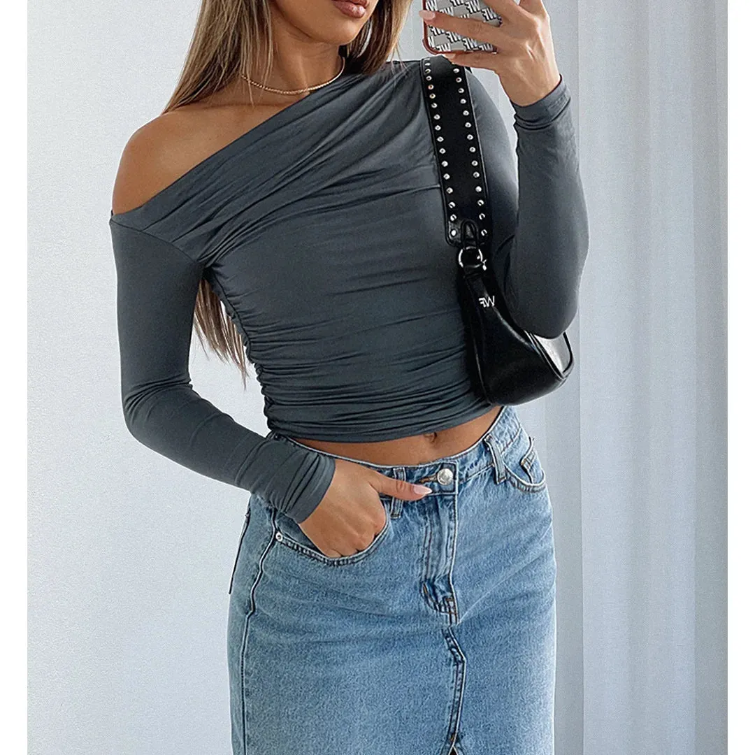 2024 Spring Sexy Off Shoulder T Shirt Women Long Sleeve Top T Shirts Autumn Fashion Style Slim Ruched Tee Shirt