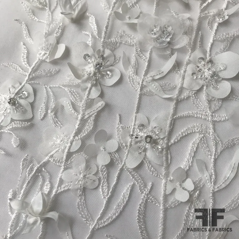 3D Floral Embroidered/Beaded Netting - White