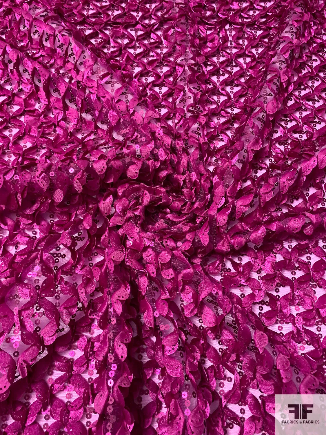 3D Ruffle Work and Sequins on Tulle - Magenta