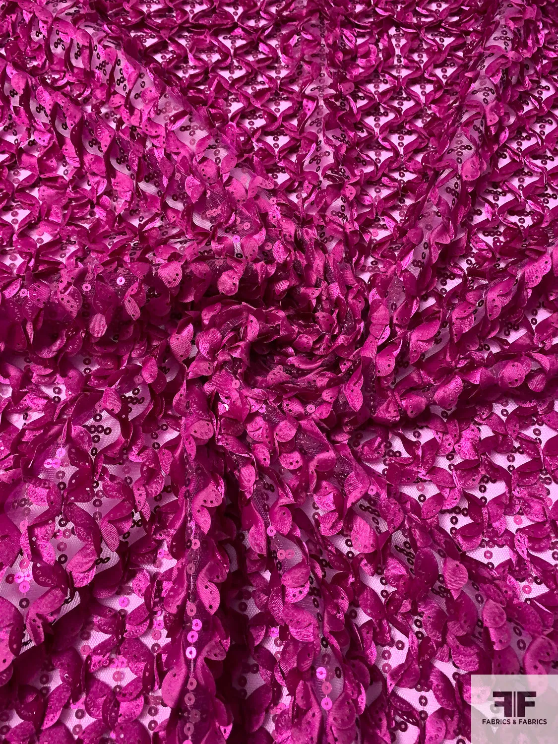 3D Ruffle Work and Sequins on Tulle - Magenta