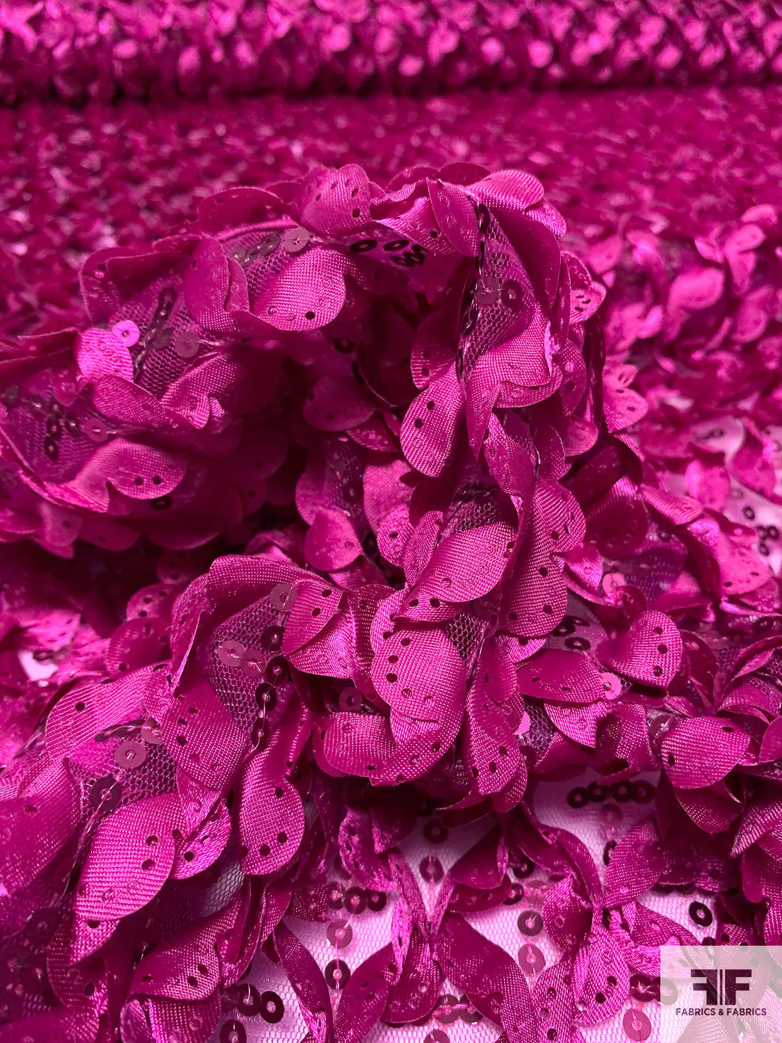 3D Ruffle Work and Sequins on Tulle - Magenta