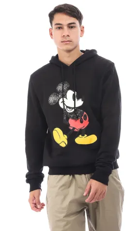 93982 Mickey Mouse Printed Black Hoodie with Elastic Cuffs