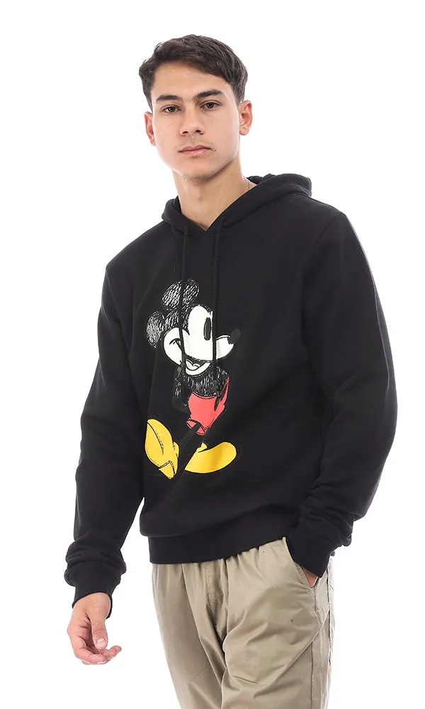 93982 Mickey Mouse Printed Black Hoodie with Elastic Cuffs