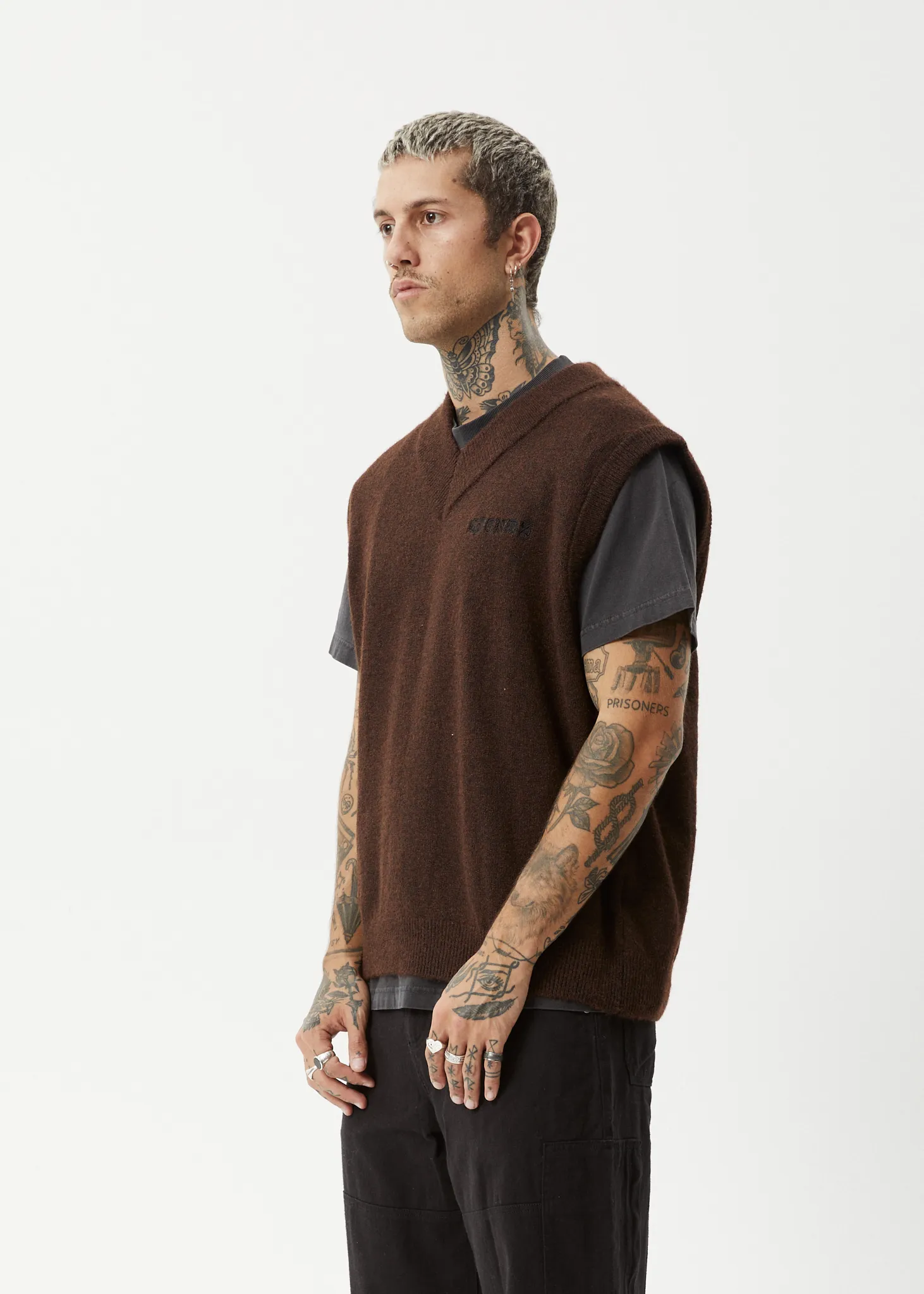 AFENDS Mens Gothic - Knit Vest - Coffee