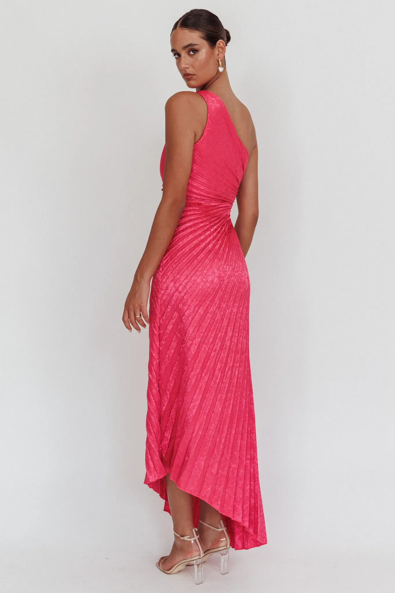 Amelie One-Shoulder Accordion Pleat Maxi Dress Floral Fuchsia