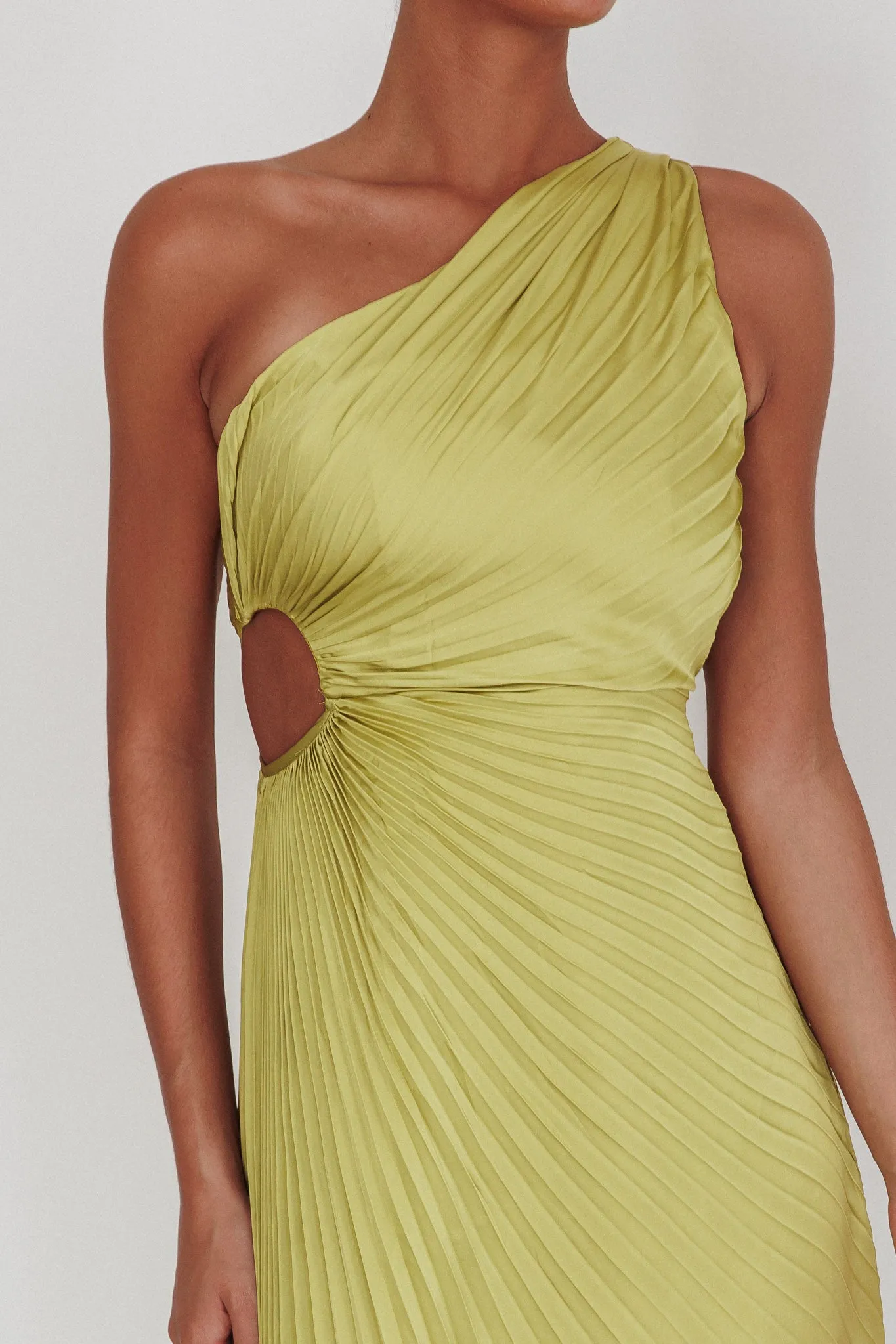 Amelie One-Shoulder Accordion Pleat Maxi Dress Lime