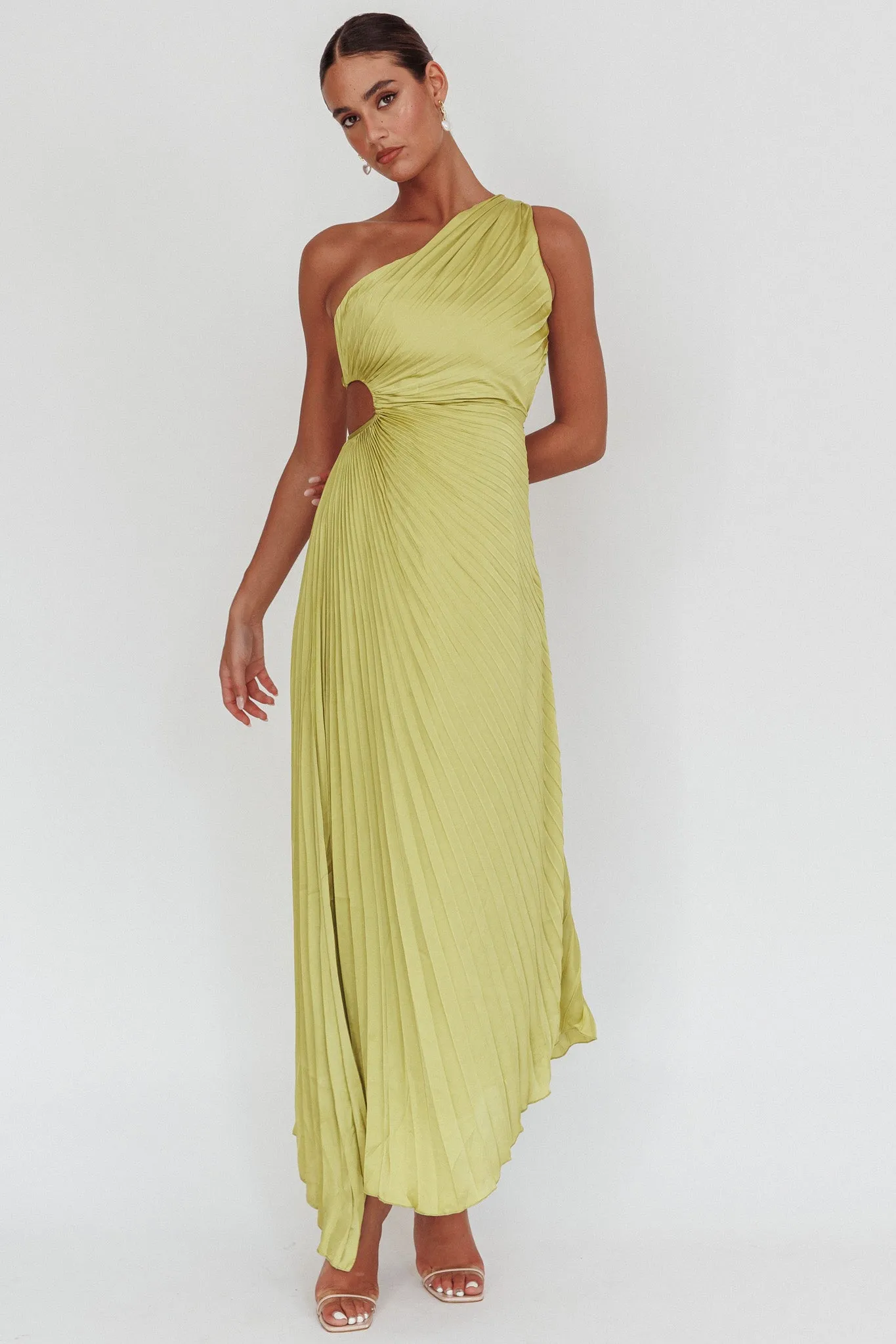 Amelie One-Shoulder Accordion Pleat Maxi Dress Lime