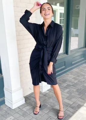 Antonia Long Sleeve Ruched Tie Waist Shirtdress-Black