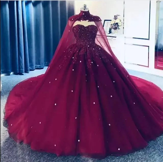 Beaded Lace Ball Gown with Cape