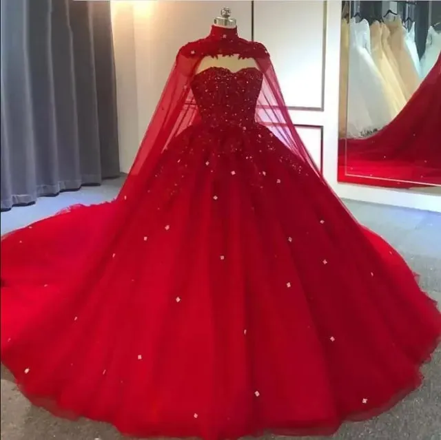 Beaded Lace Ball Gown with Cape