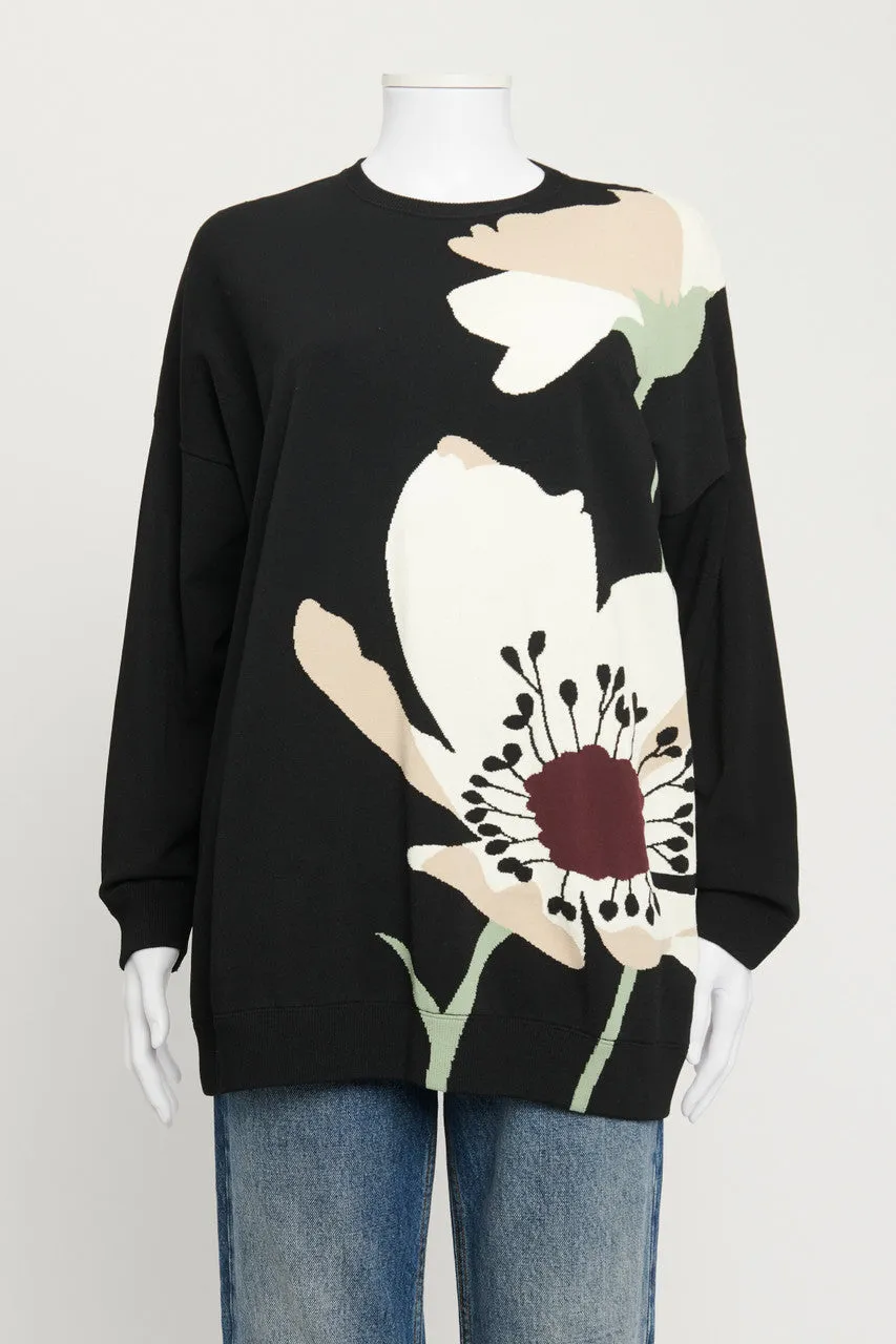 Black Crew Neck Floral Intarsia Knit Preowned Pullover Sweater