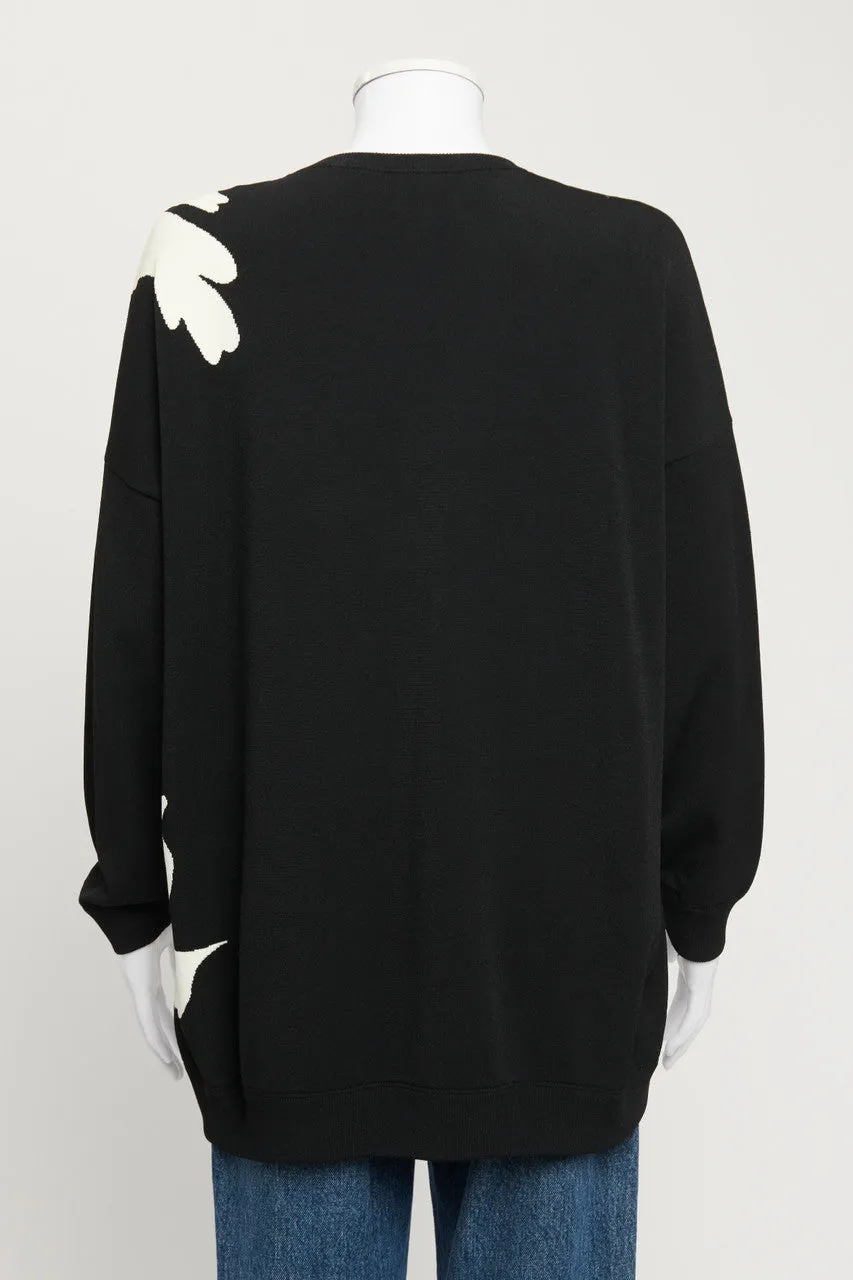 Black Crew Neck Floral Intarsia Knit Preowned Pullover Sweater