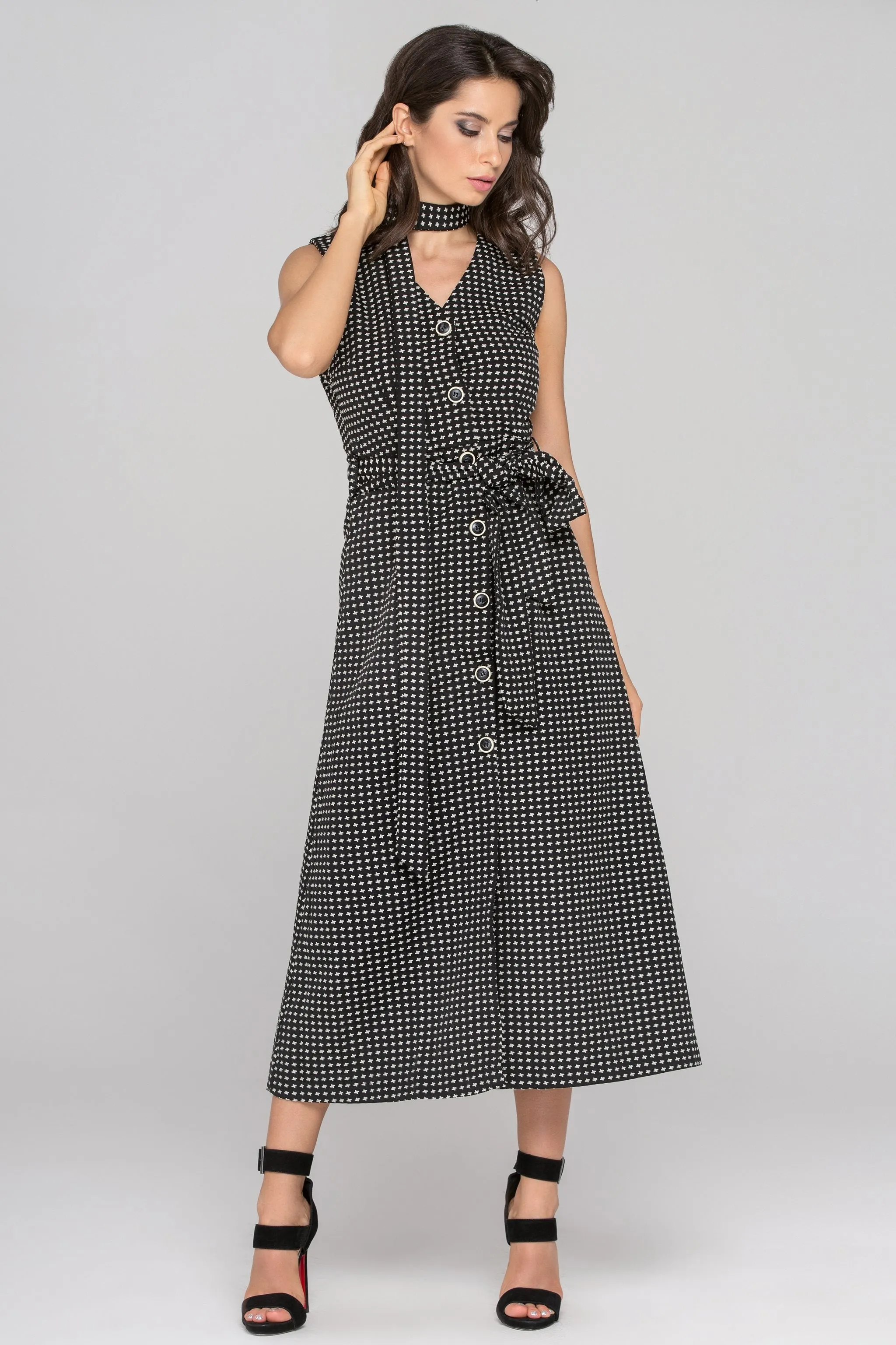 Black Sleeveless Reverse Houndstooth Button Up Midi Dress