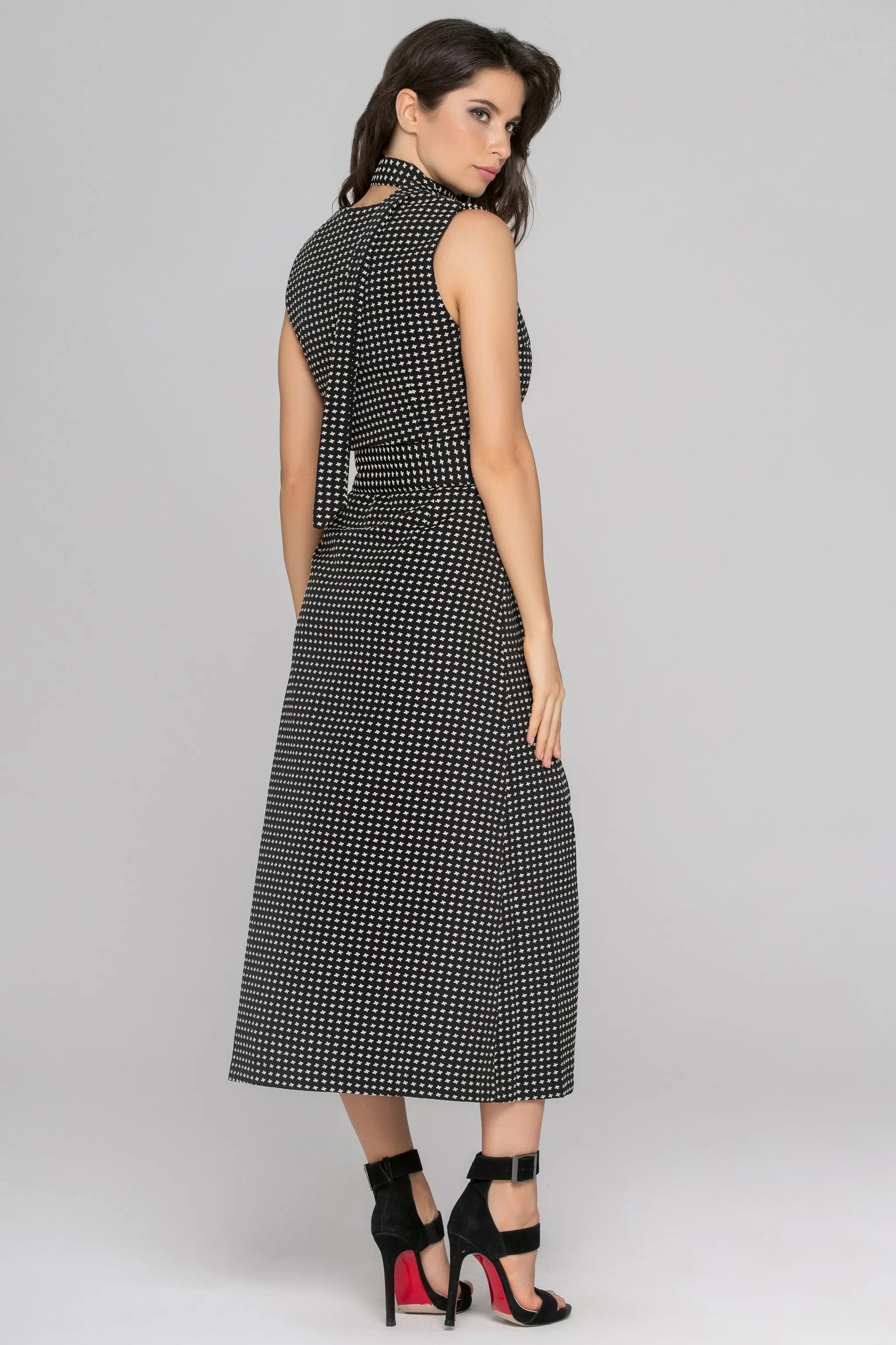 Black Sleeveless Reverse Houndstooth Button Up Midi Dress