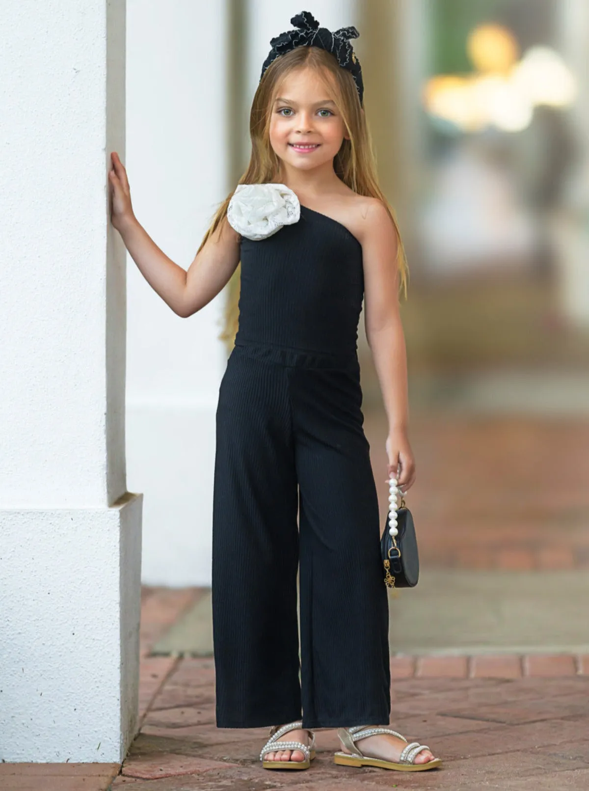 Bloom With Elegance One Shoulder Black Palazzo Pants Set