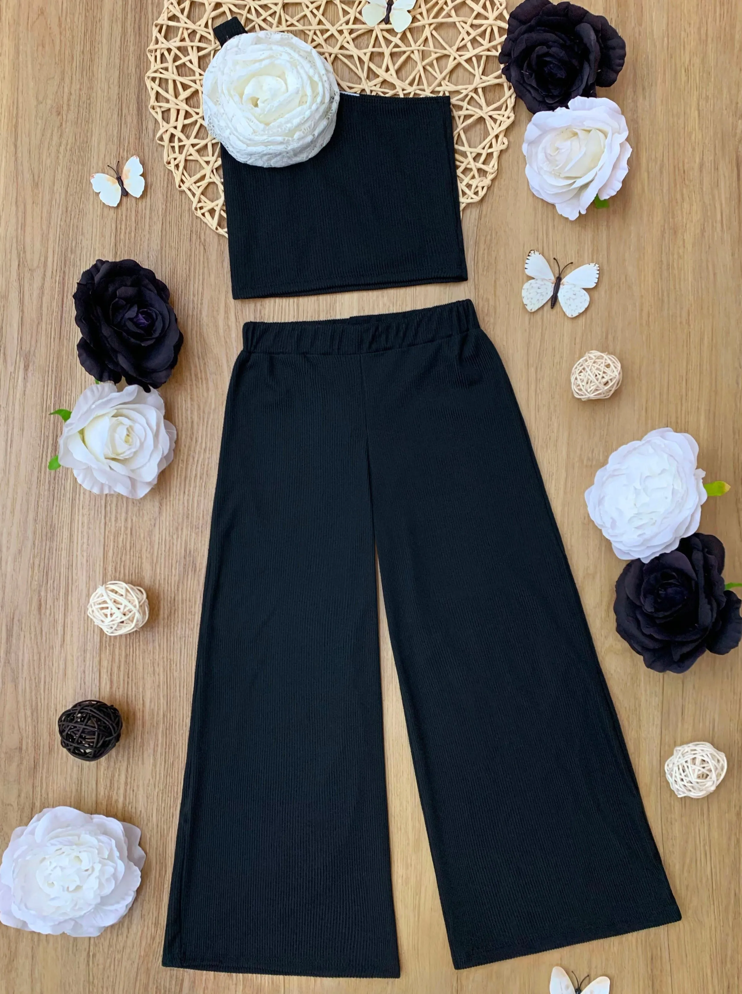 Bloom With Elegance One Shoulder Black Palazzo Pants Set