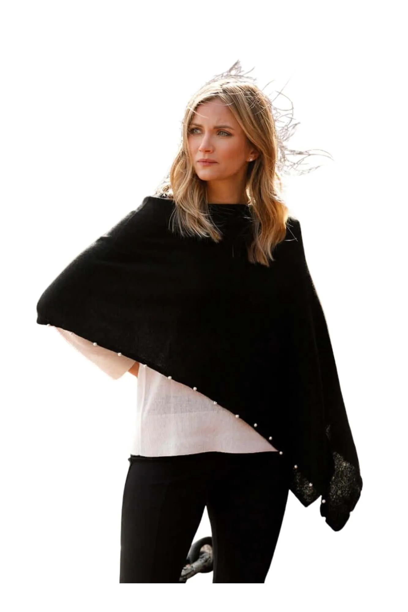 Cashmere Pearl Trim Dress Topper Poncho