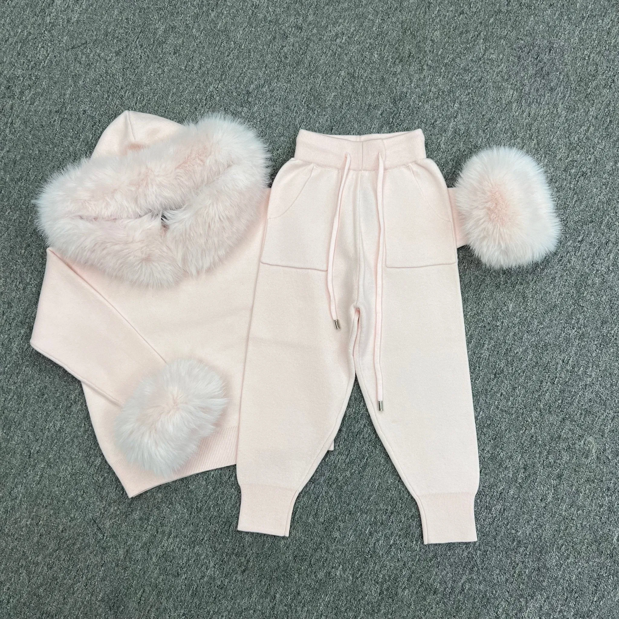 Childrens Baby Pink Premium Faux Fur Hood & Cuff Tracksuit