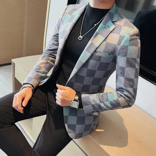 Classic British Plaid Men's Blazer - Check Pattern Single-Breasted Suit for Gentleman Business Casual Style