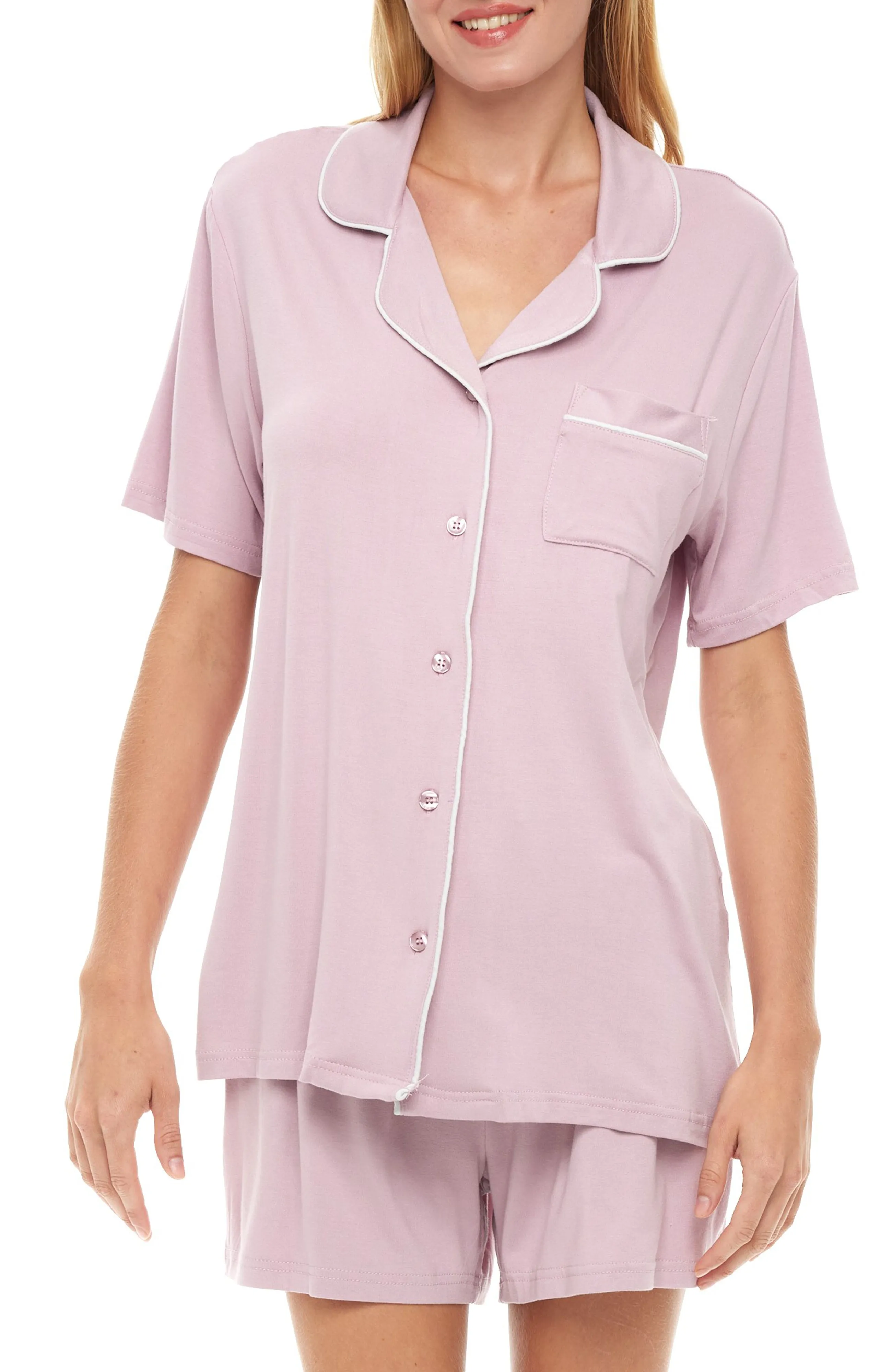 Classic Knit Pajamas Set with Pockets, Short Sleeves, Lightweight Shorts and Pajama Top