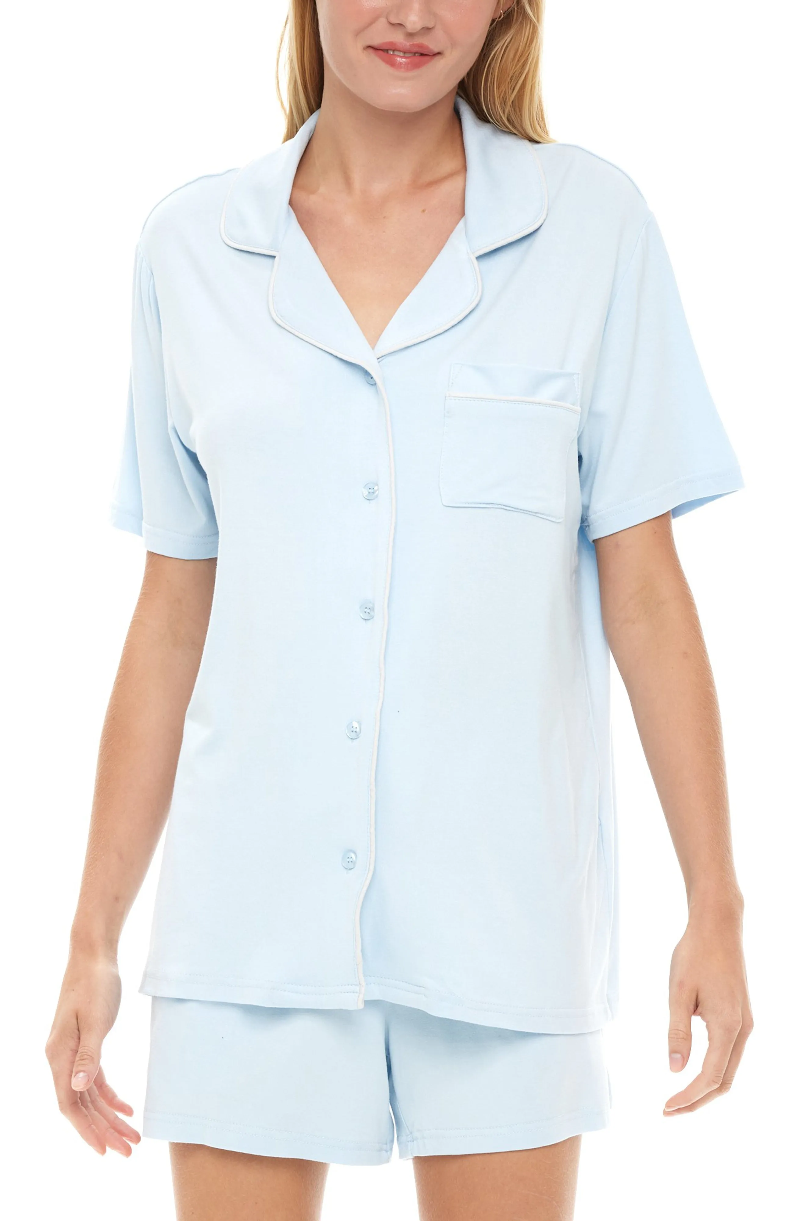 Classic Knit Pajamas Set with Pockets, Short Sleeves, Lightweight Shorts and Pajama Top